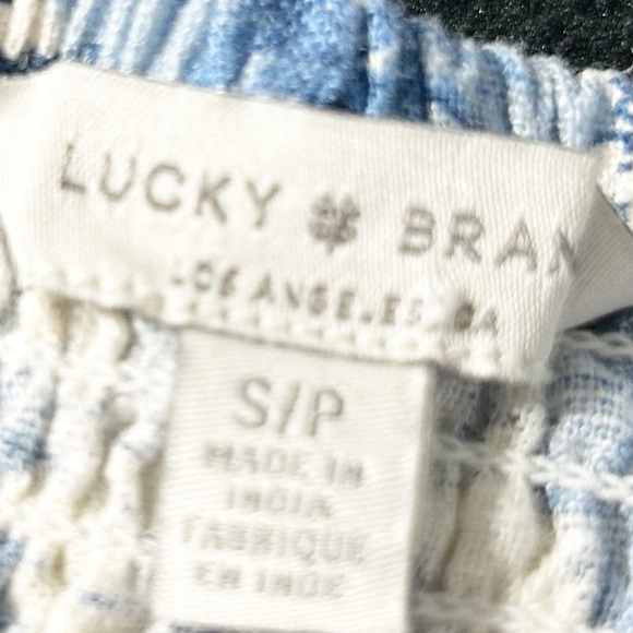 Lucky Brand Linen Blend Crop Top Blue White Floral Balloon Sleeve Elastic Cuffs - Picture 6 of 10